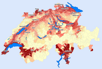 Temperature map of the municipalities of Switzerland during the hottest month