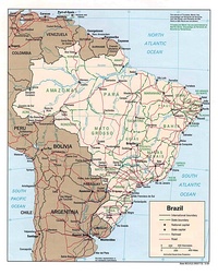 Large map of Brazil cities capitals state roads railways