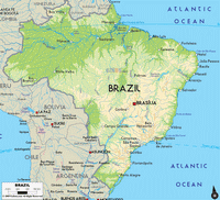 Large map Brazil rivers cities neighboring countries scale in kilometers