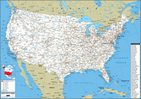Large road map of the United States with list of states