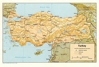 Map of Turkey with cities, roads, railroads and scale