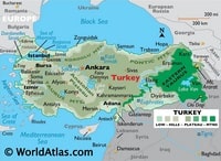Map of Turkey with relief low hills, plateaus and mountains