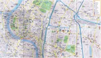 Map of Bangkok with various information such as hospitals, transport, police, churches and temples