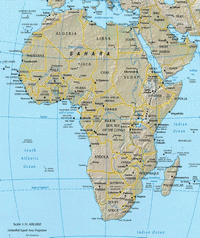 Map of countries, capitals and terrain of Africa.