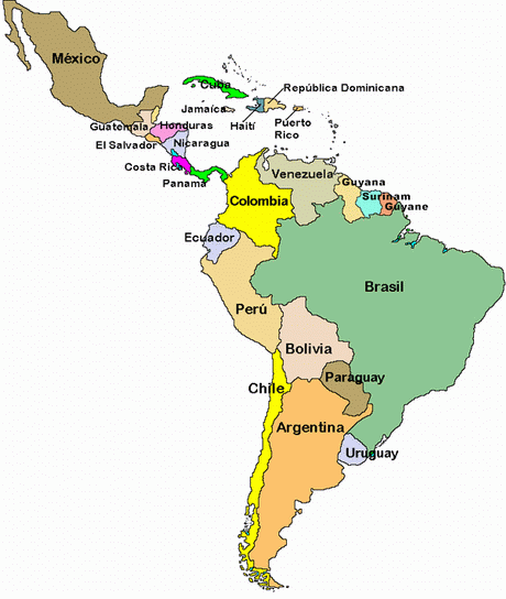 Map of South American countries.