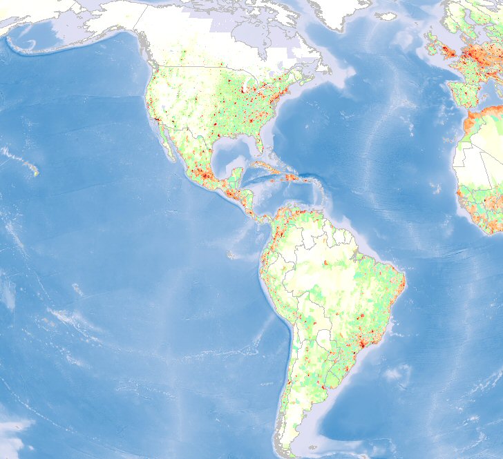 Map of population density of the Americas