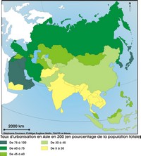 Map of urbanization rate in Asia.