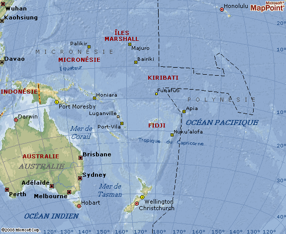 Map of Oceania with major cities.