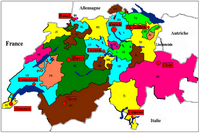 Switzerland map with cities and cantons in color.