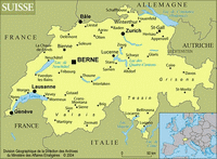 Map of Switzerland with the capital cities and scale.