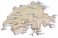 Relief map of Switzerland with the cities.