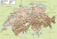 Switzerland map, terrain, cities and airports.