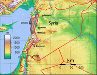 Map of Syria with the terrain and altitude in meters.
