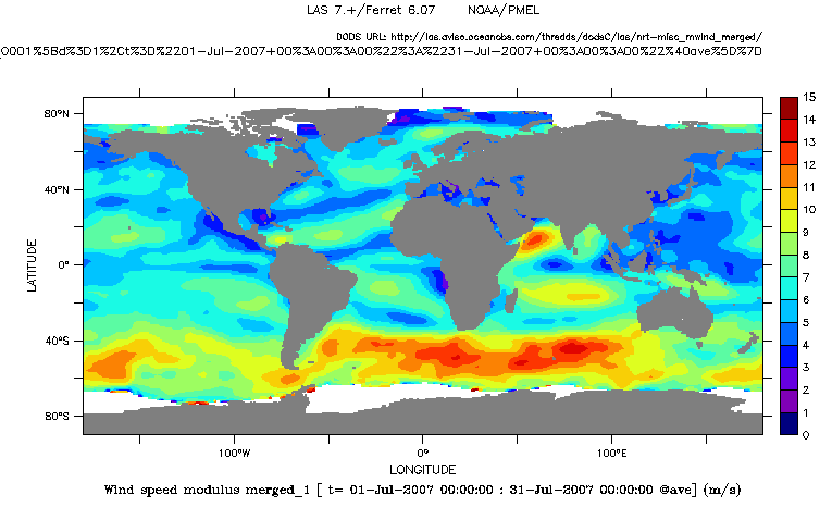 Map of wind speeds in the world in m / s in July 2007.