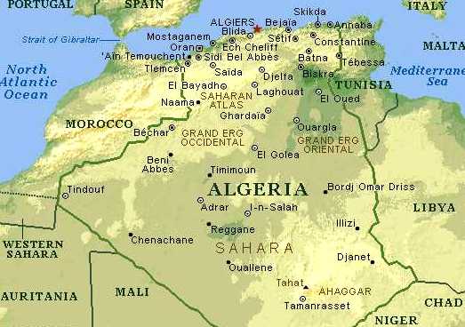 Map of cities and vegetation of Algeria.