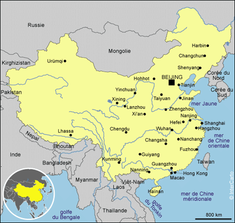Map of China with cities.
