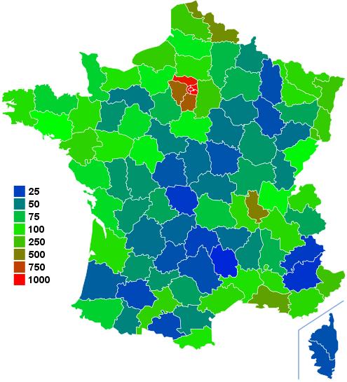 Map of France with the density of population by department
