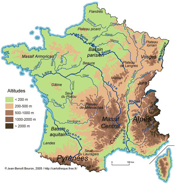 Relief Map with French rivers.
