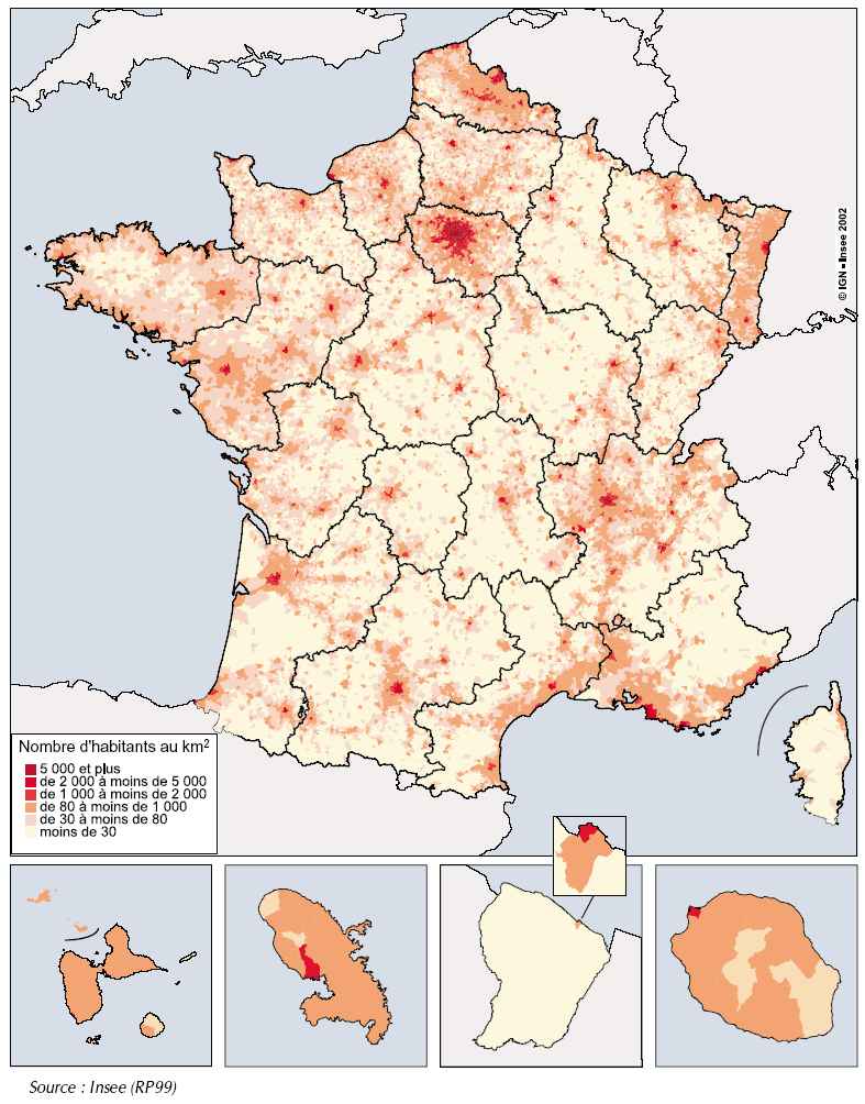 Map of population distribution in France