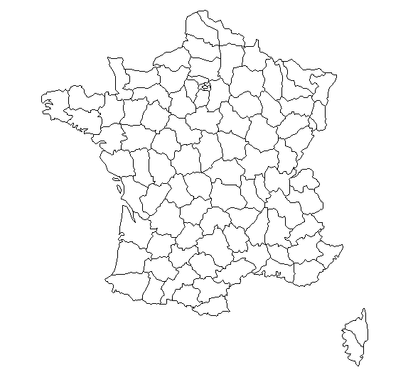 Blank map of France with departments