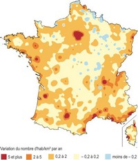 Map of the change in population density in France