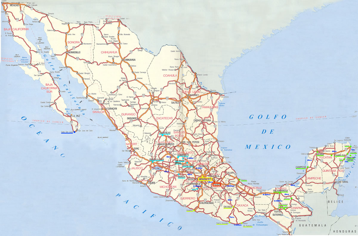 Large map of Mexico with major roads