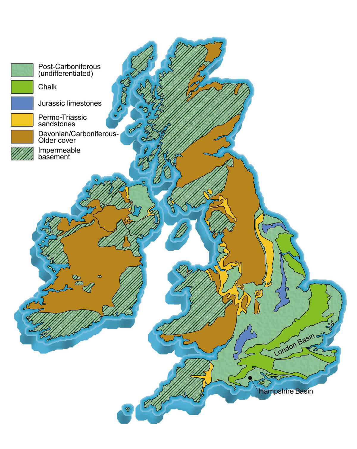 Map of the United Kingdom with the age of rocks