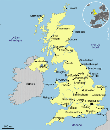 Map of the United Kingdom with the cities