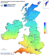 Carte du taux d'ensoleillement au Royaume Uni.