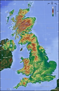 Carte topographique du Royaume Uni avec l'altitude en mètre.