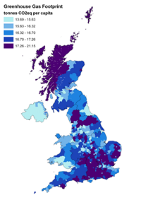 Map of greenhouse gasses in tonnes of CO2 emissions per capita in the UK