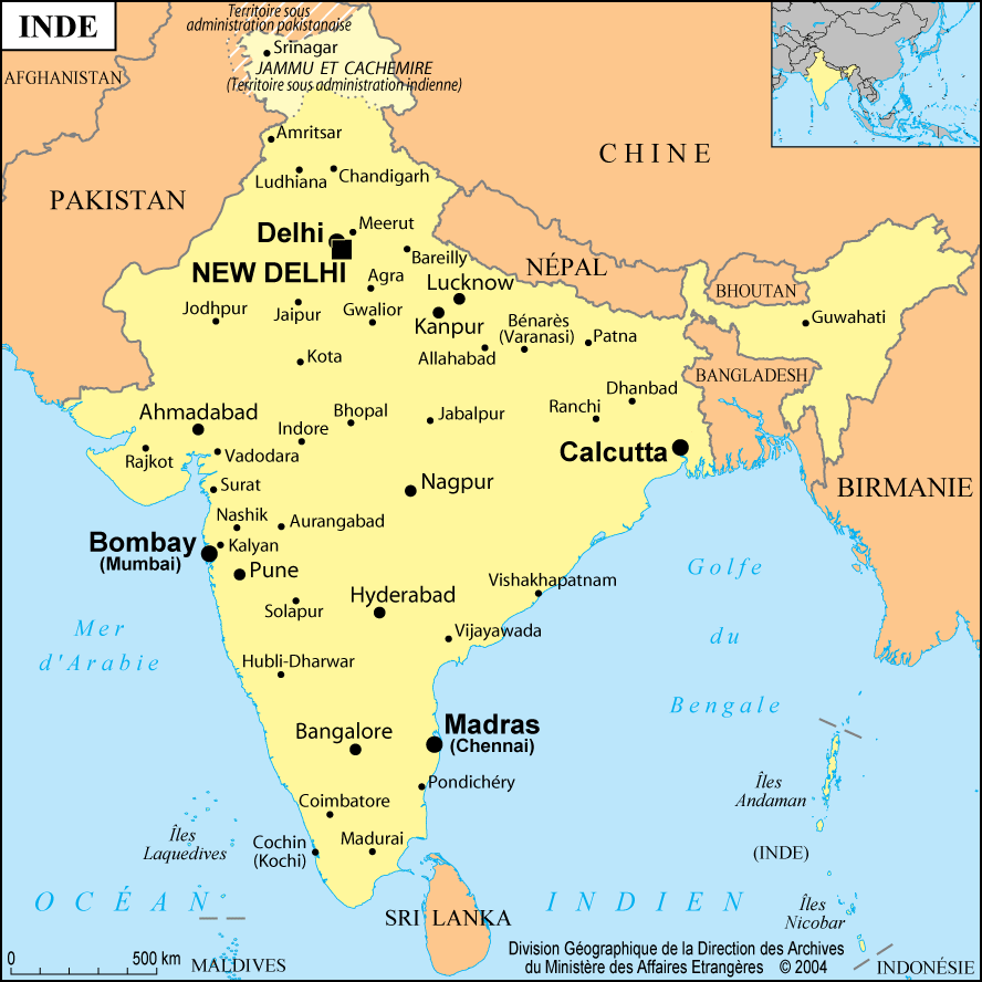 The map of india with cities and scale.