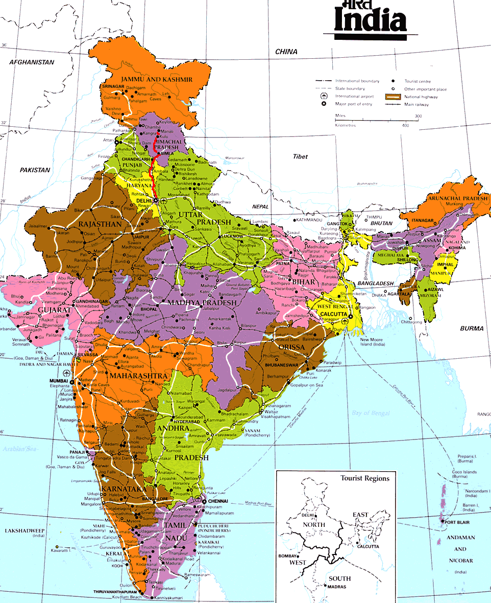 Large map of India with regions and cities.
