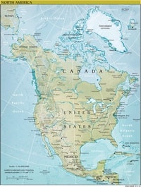 Physical map of North America