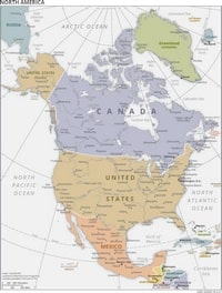 Political map of North America with colored countries