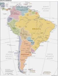 Political map of South America with colored countries