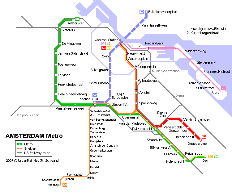 Map of public transport in Amsterdam, metro, tram and train.