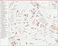 map center of Amsterdam with the list of stations and buildings for boat trips