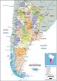 Map of Argentina with cities size, main roads, mountain peaks and scale in kilometer