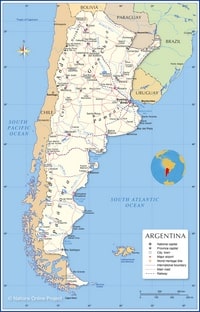 Map of Argentina with cities, towns, airports, main roads and world heritage sites