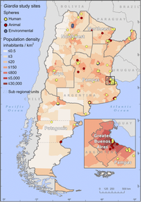 Map of Argentina with population density in inhabitants per square kilometer