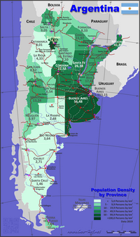 Map of Argentina with the density of population by province