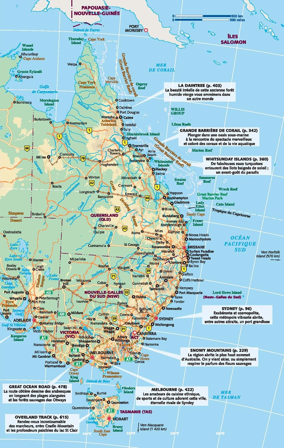 Map of eastern Australia with comments on interesting places.