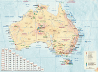 Australia map with tourist information, the distance between cities in kilometers and hours.