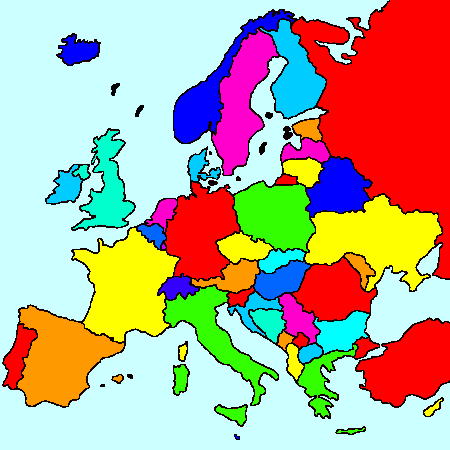 Blank map of Europe in color.