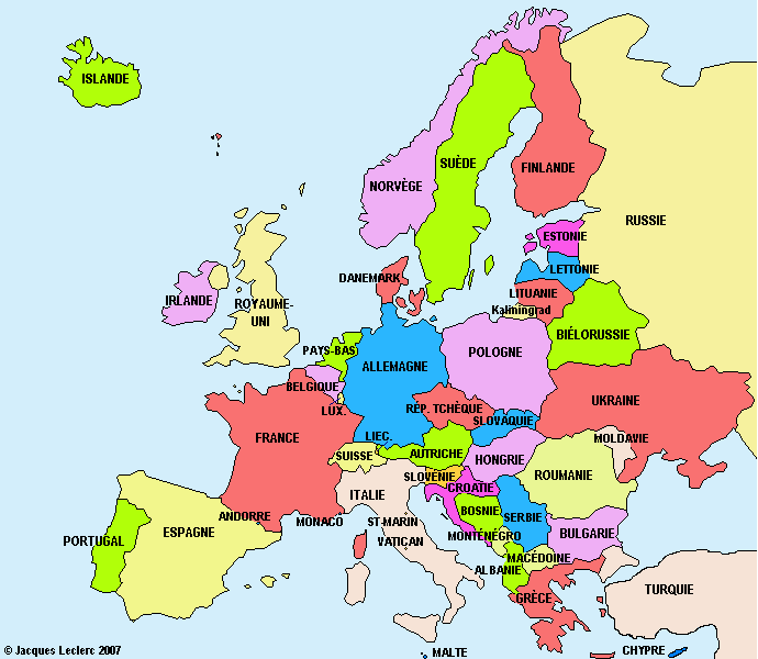 Map of Europe in color with the name of the country.
