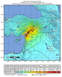 Large Turkey and Syria earthquake map with earthquake intensity and earth rupture faults