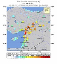Large map of the earthquake in Turkey and Syria with the intensity