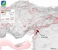 Large Turkey and Syria earthquake map minor major faults megathrust strength depth