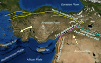 Map of Turkey and Syria with the Anatolian Plate and the movement of the plates around